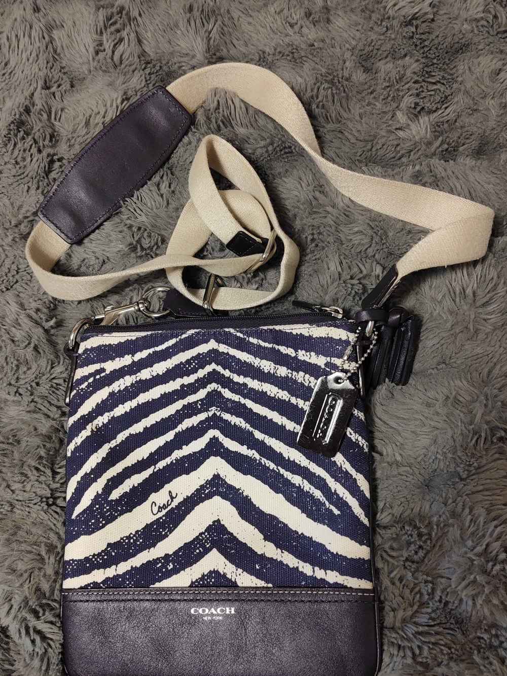 Coach Legacy Zebra-Print Purple/Navy Crossbody with Leather Trim And Hang Tag!